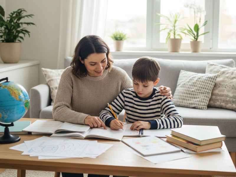 Parent helping child with homeschooling at home using books and worksheets- What is Homeschooling?