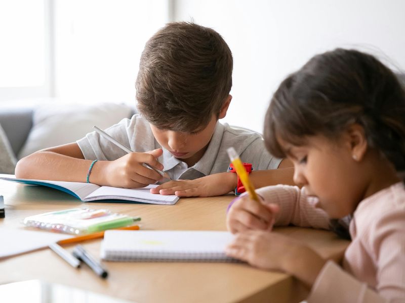 Two young homeschool children writing in notebooks at a table during a home learning session in a bright indoor setting- How Does Homeschooling Work in the US?