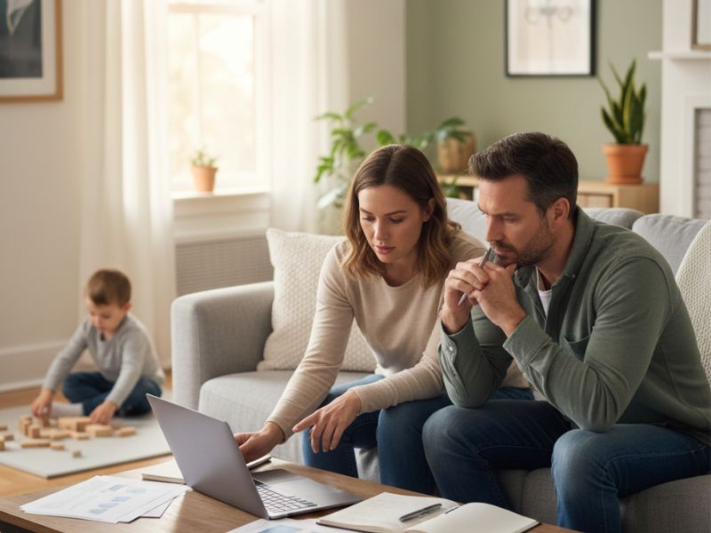 Parents discussing homeschooling decision while reviewing documents on a laptop at home - Pros and Cons of Homeschooling