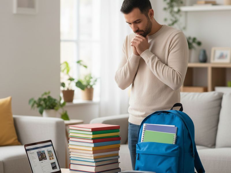 Parent thoughtfully deciding between homeschooling books and a school backpack at home - Is Homeschooling Better Than Public School?