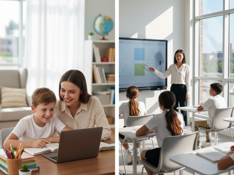 Parent teaching a child at home on a laptop next to a classroom scene where a teacher instructs students, showing a homeschool vs private school comparison - Homeschool vs Private School