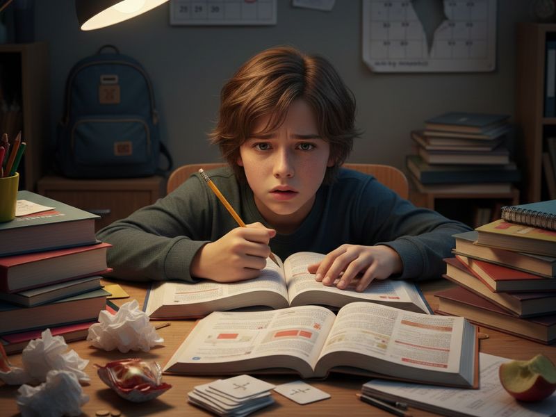 Stressed school-age child sitting at a desk surrounded by books and homework, looking anxious while studying under a lamp - Is Homeschooling Better for Mental Health?