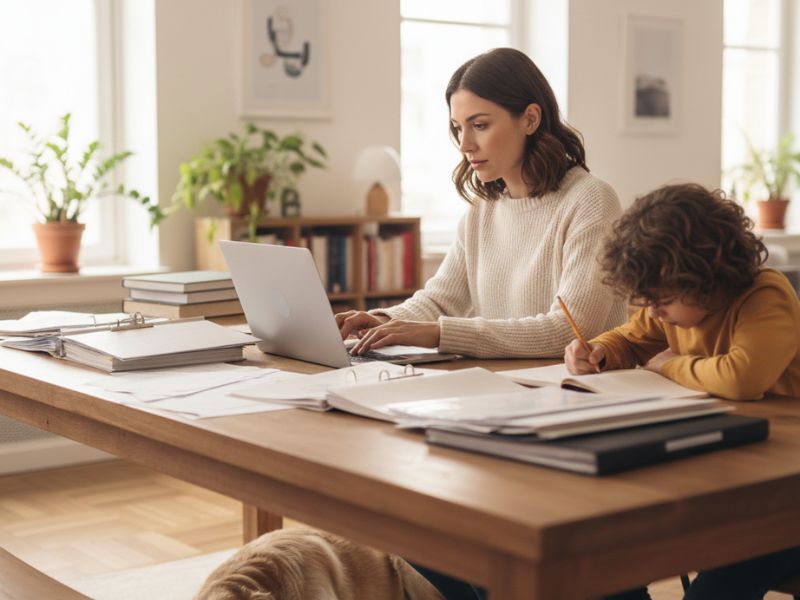 Parent working on a laptop while helping a child study at a home learning desk with books and paperwork - Homeschooling Laws By state