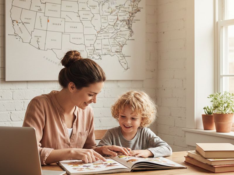 Parent teaching a young child at home while studying together with books and a U.S. map in the background, representing homeschooling in the United States - Best States for Homeschooling