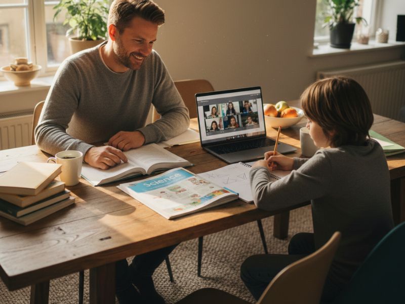 Parent homeschooling his child at a dining table using books and a laptop for online learning - North Carolina Homeschool Laws