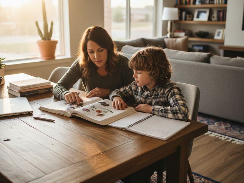 Parent homeschooling a young child at a dining table using books and a notebook in a bright home setting - Texas Homeschool Laws