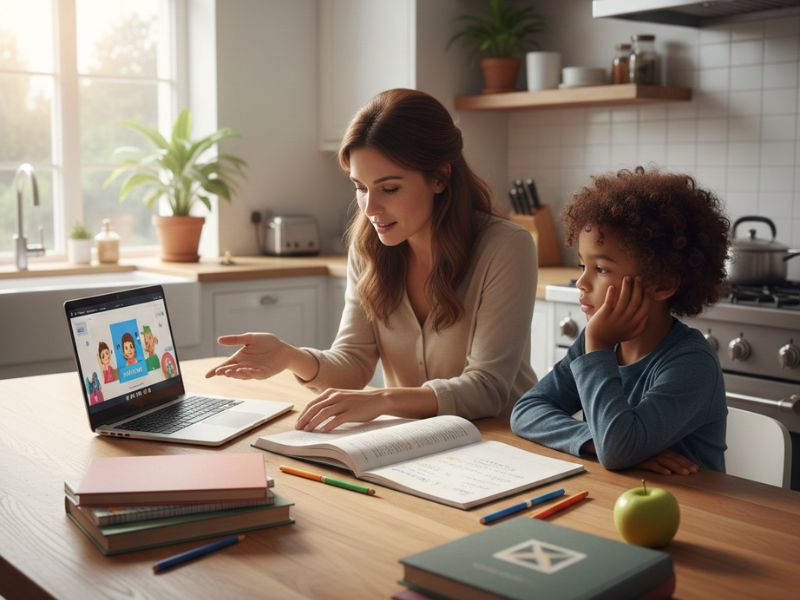 Parent teaching a child at home using a laptop and study materials in a bright kitchen homeschool learning environment - Florida Homeschool Laws