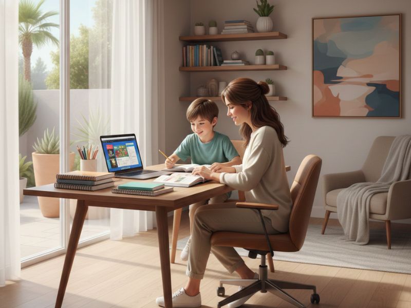 Parent teaching a child at home at a study desk with books and a laptop in a bright, cozy learning environment - California Homeschool Laws