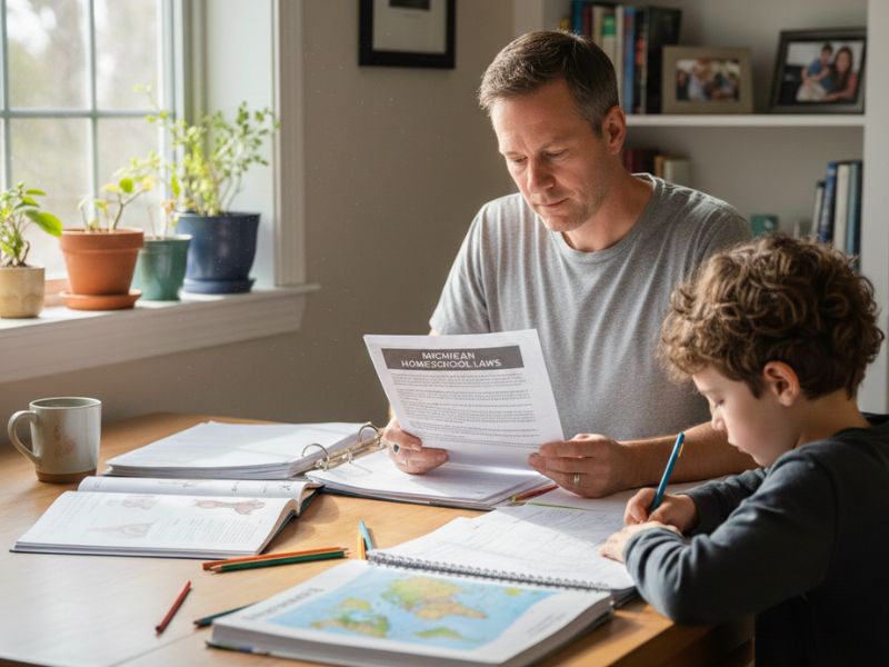 Michigan parent reviewing Michigan homeschool laws while homeschooling child at home.