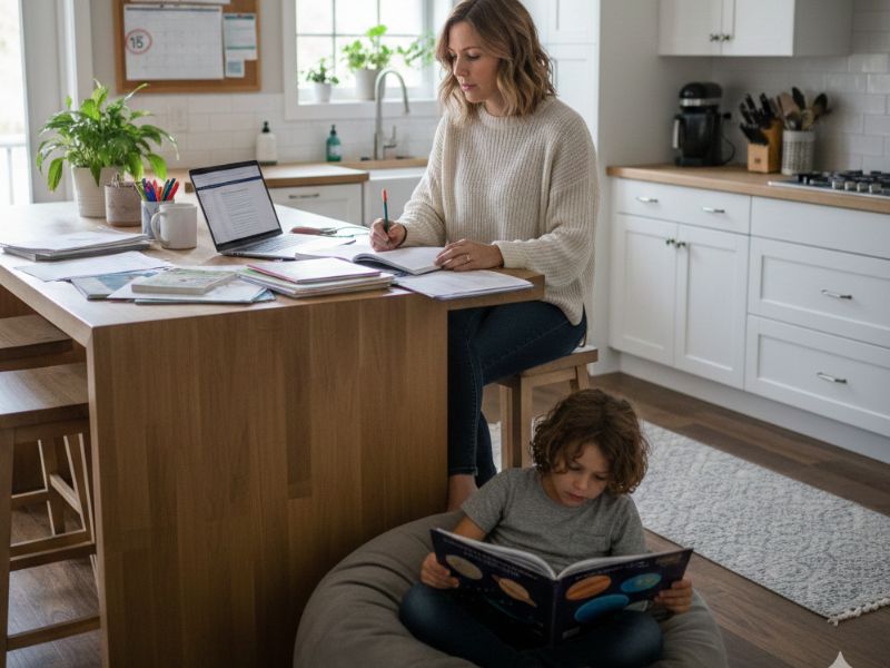 Mother reviewing homeschool paperwork at kitchen table with laptop and calendar while child reads a book on the floor in a bright home setting - Oregon Homeschool Laws