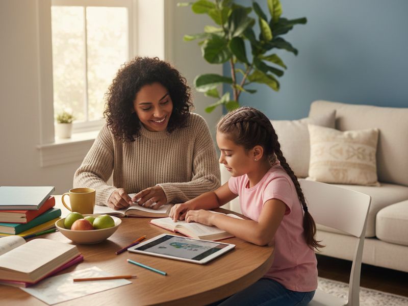 Parent homeschooling a young child at home using books and a tablet- Homeschooling Explained: How Homeschooling Works & Who It’s For