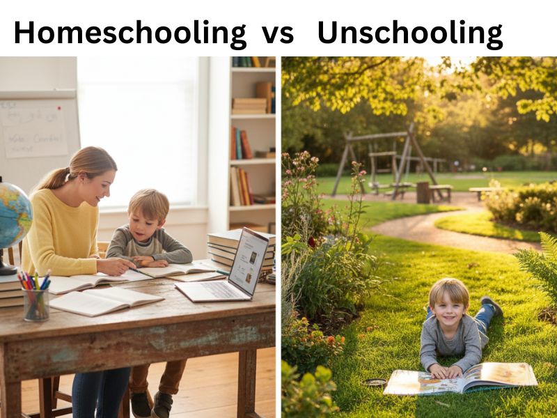Mother teaching a child at a desk for homeschooling on the left, and a child reading outdoors in a park representing unschooling on the right - Homeschooling vs Unschooling