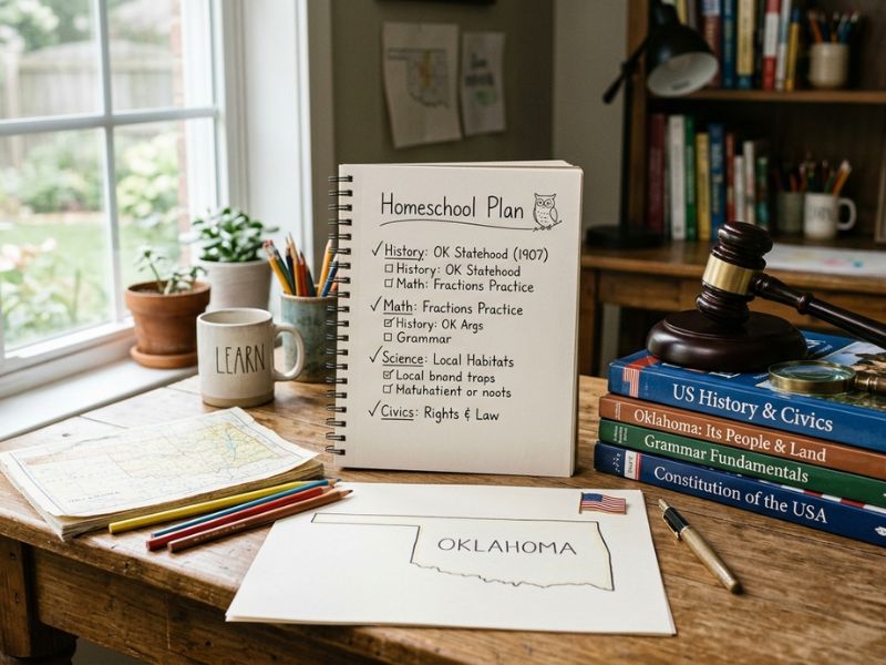 Homeschool planning desk with notebook titled “Homeschool Plan,” Oklahoma state outline map, law books, gavel, and learning supplies in a bright home study setting - Oklahoma Homeschool Laws
