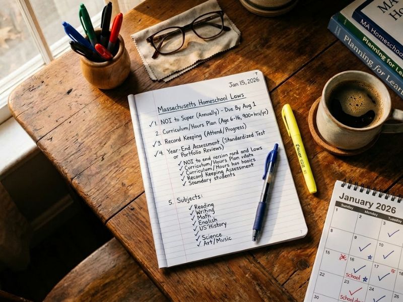 Homeschool planning notebook on a wooden desk showing Massachusetts homeschool laws checklist with pens, coffee, and calendar nearby - Massachusetts homeschool laws