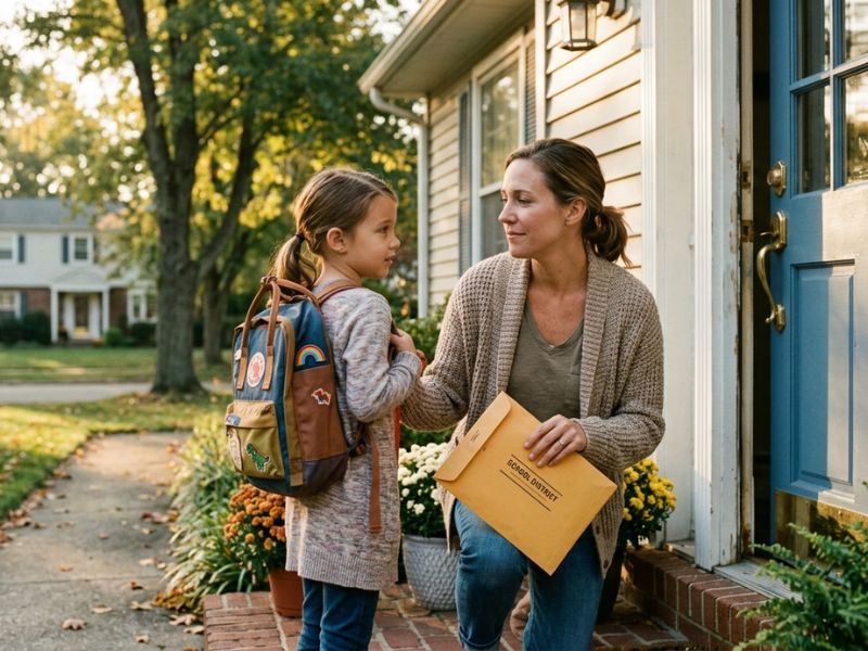 Parent handing a sealed envelope labeled “School District” to a child with a backpack at a home doorway, symbolizing transition from traditional school to homeschooling - Letter of Intent to Homeschool