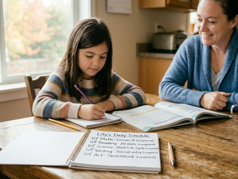 Parent guiding child through a simple homeschool daily schedule with checklist, showing easy and structured learning at home - Easy Homeschool Curriculum