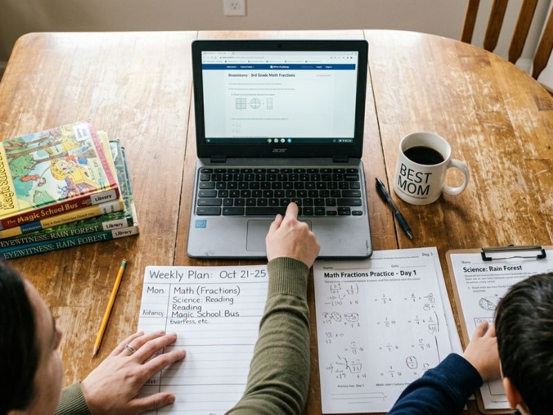 Parent planning a free homeschool curriculum at a kitchen table with a laptop, weekly schedule, worksheets, and books while a child studies beside them - Free homeschool curriculum