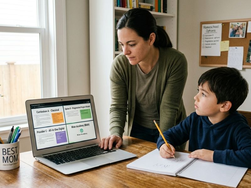 Parent helping child choose an online homeschool curriculum on a laptop while the child writes in a notebook at home learning setup - Online Homeschool Curriculum