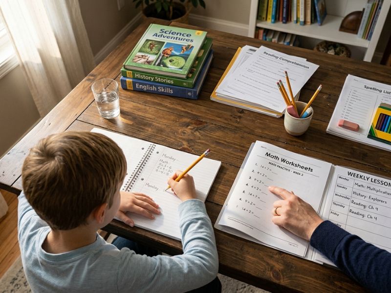 Parent guiding a child using printed worksheets and textbooks during a best offline homeschool curriculum learning session at home - Best Offline Homeschool Curriculum