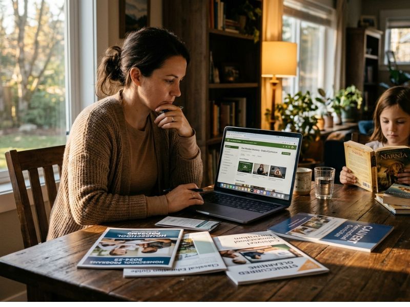 Parent reviewing accredited homeschool programs on a laptop while a child reads beside them at a home study table.