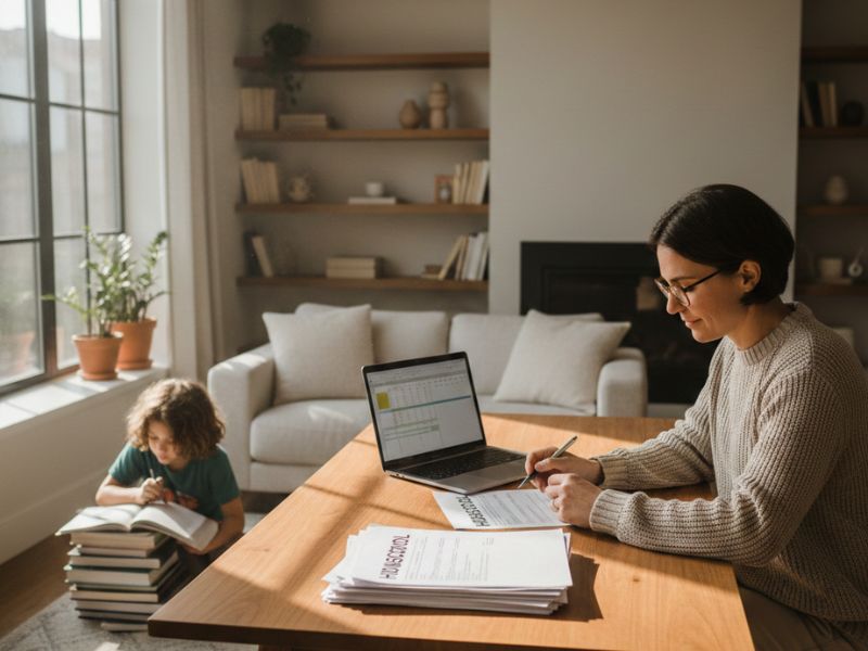 Mother reviewing homeschool paperwork at a wooden table while child studies with books in a bright, organized home setting - New York Homeschool Laws