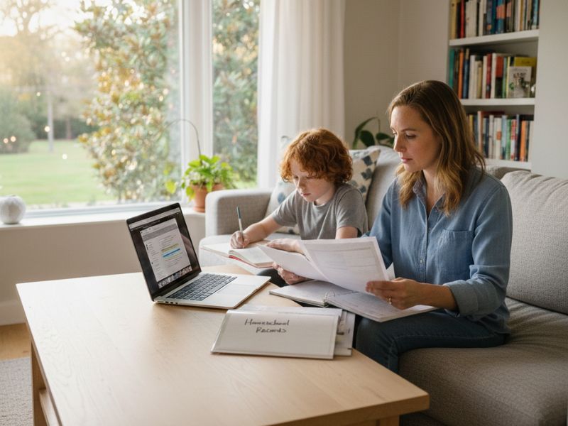 Parent reviewing homeschool paperwork while child studies at home with laptop and homeschool records binder on table - Alabama homeschool laws