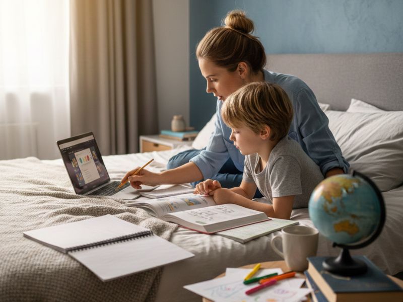 Parent helping a child study at home with books and a laptop, illustrating a homeschooling learning environment - Virginia Homeschool Laws