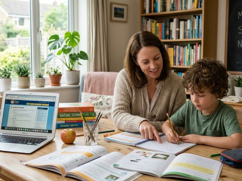 Parent homeschooling a child at a table with books and a laptop in a bright home learning environment - Kansas homeschool laws