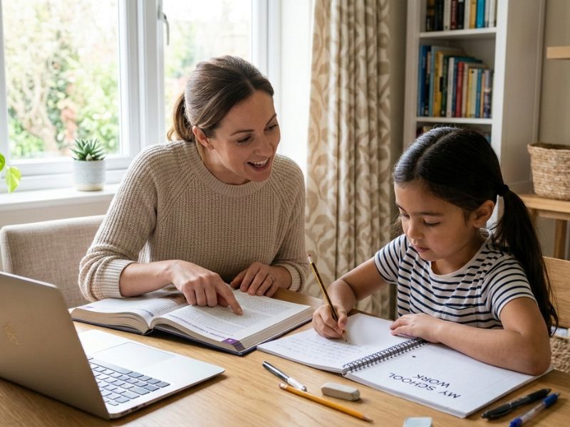 Parent helping a child with schoolwork at a home study table with books, notebook, and laptop in a bright learning environment - Iowa homeschool laws