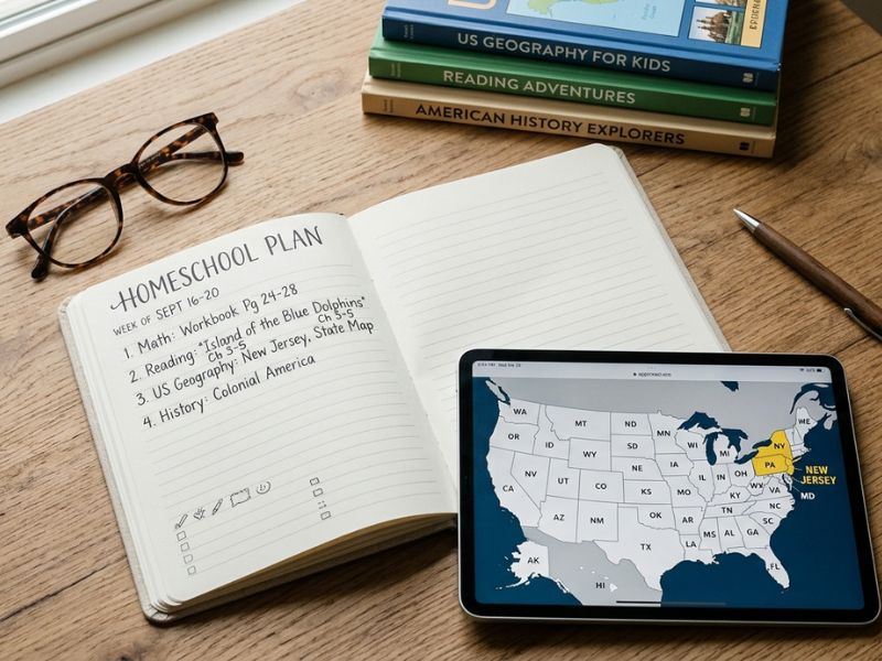 Notebook with a handwritten homeschool plan on a desk, surrounded by glasses, stacked learning books, and a tablet displaying a map of the United States highlighting Pennsylvania and New Jersey - New jersey homeschool laws