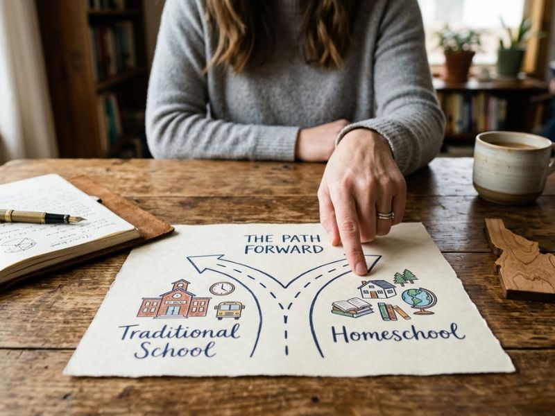 Parent pointing to the homeschool path on a decision chart comparing traditional school and homeschooling while researching education options at a desk - Idaho homeschool laws