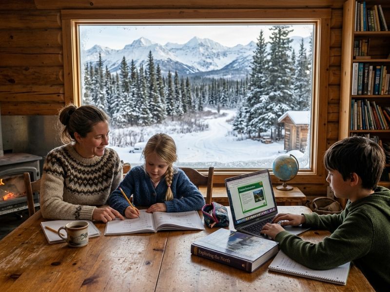 Parent homeschooling two children at a wooden table inside a cozy Alaska cabin, with notebooks and a laptop for learning, while snowy mountains and pine forests are visible through a large window - Alaska homeschool laws