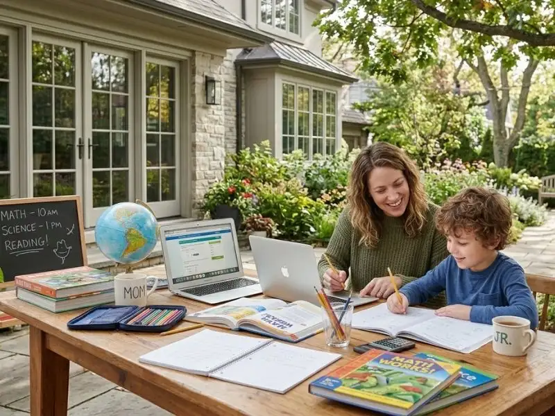 Parent homeschooling a young child at an outdoor table with books, laptop, globe, and learning materials in a home garden setting - Utah homeschool laws