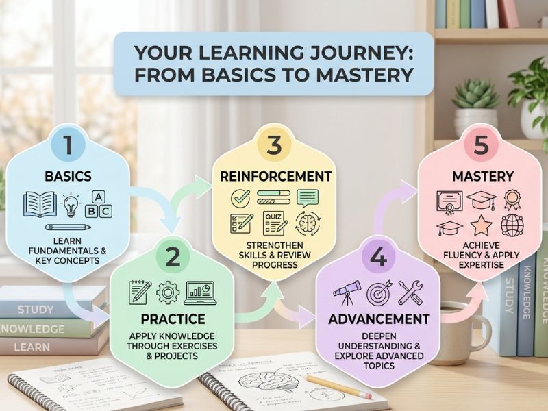 Learning journey infographic showing stages from basics to mastery including basics, practice, reinforcement, advancement, and mastery with arrows indicating progression - Scope and Sequence in Curriculum