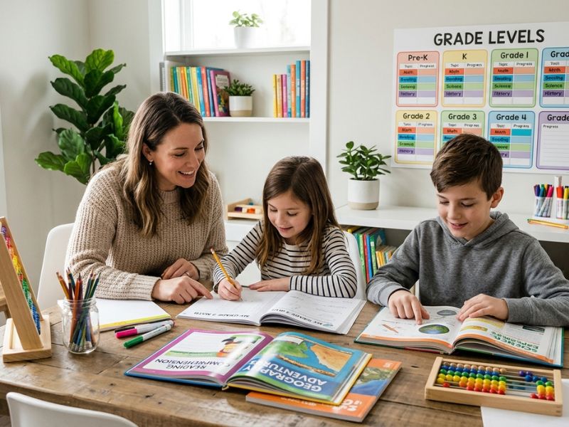 A parent homeschooling two children at a table, helping them with reading and workbook activities, with colorful books and a grade-level learning chart on the wall in a bright, organized home setting - Homeschooling by Grade Level