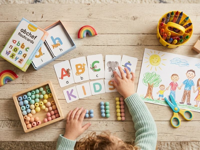 Child learning with alphabet flashcards, counting beads, and drawing materials on a table - Preschool homeschool curriculum