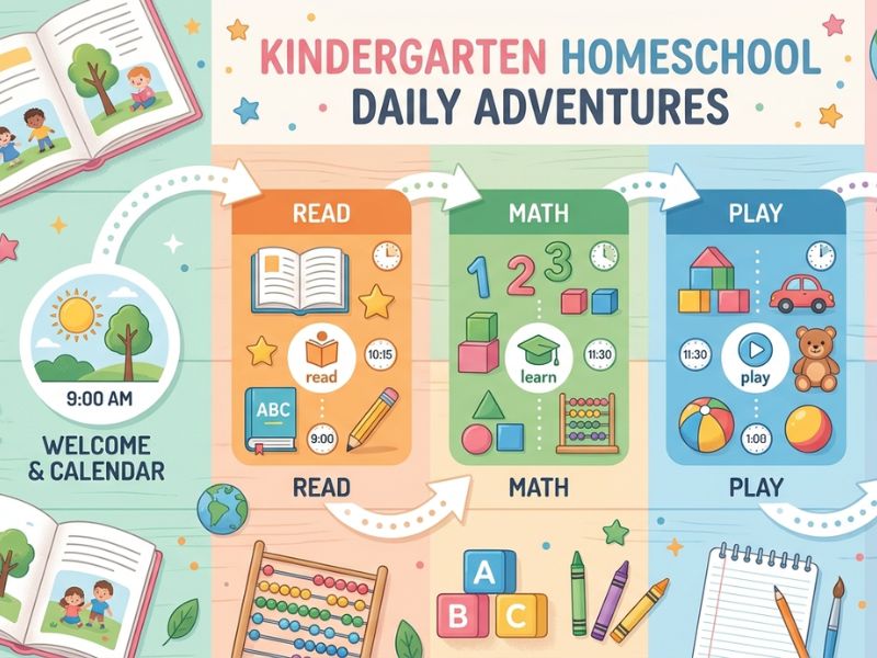 Kindergarten homeschool daily schedule infographic showing reading, math, and play activities with colorful icons and time blocks arranged in a simple routine - Kindergarten Homeschool Curriculum
