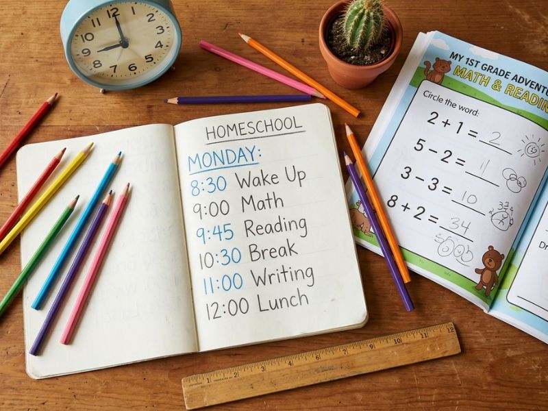 A notebook showing a simple homeschool daily schedule with times for math, reading, break, and writing, placed on a wooden table with colored pencils, a clock, and a first grade workbook - 1st Grade Homeschool Schedule
