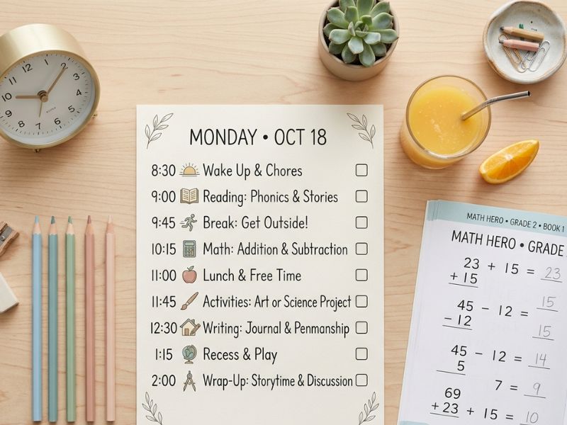 Top view of a 2nd grade daily homeschool schedule on a desk with a clock, pencils, math worksheet, juice, and a simple organized learning setup - 2nd Grade Homeschool Schedule
