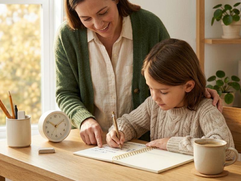 parent helping child with writing at a desk during homeschool routine with clock and study materials nearby - 3rd Grade Homeschool Schedule