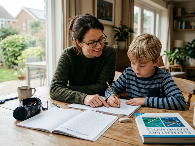 Parent helping a 5th grade child with math homework at a table in a bright, cozy home setting - What Do 5th Graders Learn?