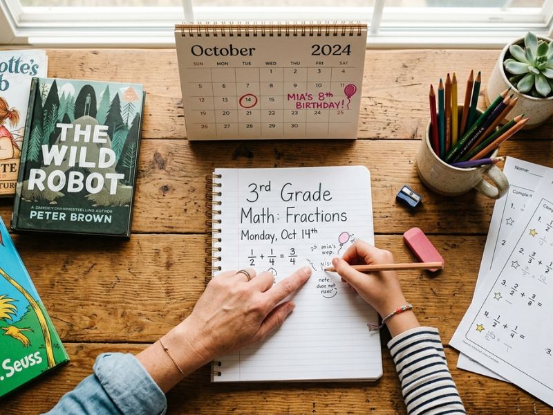 Top view of homeschool setup with child and parent working on 3rd grade math notebook, calendar showing birthday, books and school supplies on table - How Old Are 3rd Graders?