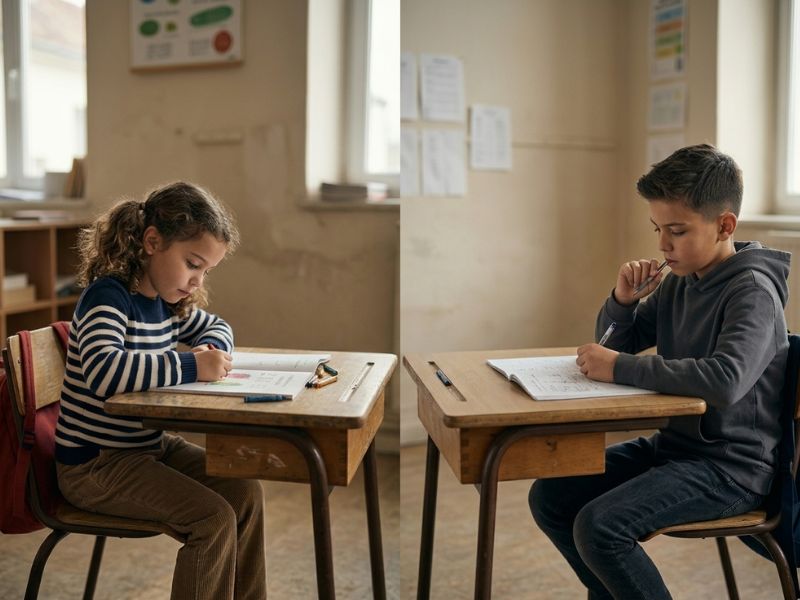Two children of different ages sitting at separate desks, both focused on writing in notebooks, showing age differences within the same grade classroom - How Old Are You In 4th Grade?