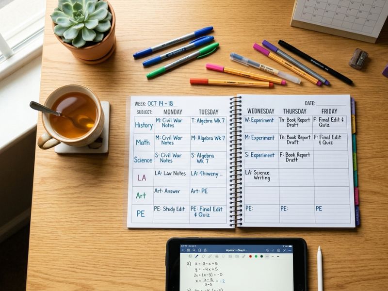 middle school homeschool weekly planner with subject schedule, colorful pens, tablet, and tea on a neatly organized desk - Middle School Homeschool Curriculum