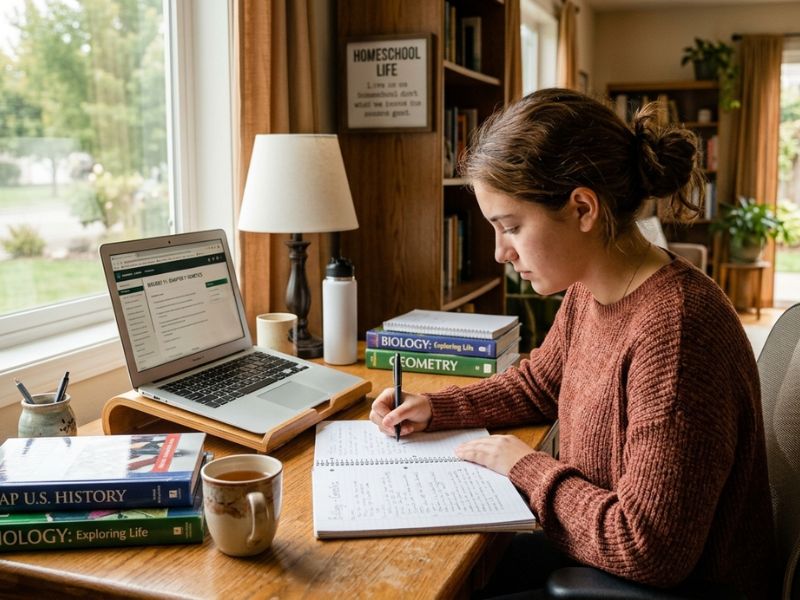 High school homeschool student studying at home desk with laptop, books, and notes in a calm learning environment - High School Homeschool Curriculum Free