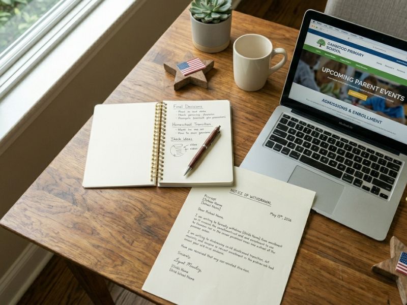 Top view of a withdrawal letter, notebook, and laptop on a table, showing a parent preparing to withdraw a child from school at home - Can You Withdraw a Child Mid-Year?