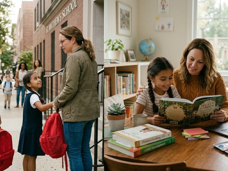 Parent taking child out of school and later homeschooling together at home, showing transition from school to home education - What Happens After You Withdraw Your Child?