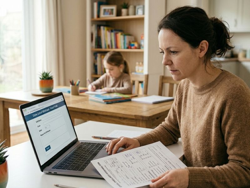 Parent filling out an online school withdrawal form on a laptop while holding documents, with a child studying in the background at home - Can You Withdraw a Child Online?