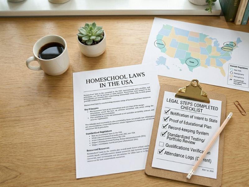 Flat lay of homeschool laws document in the USA with a legal checklist, coffee cup, and US map showing state regulations on a wooden desk - Is Homeschooling Legal?