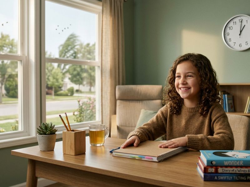 Child smiling at a desk after finishing homeschool work early, with a wall clock showing early afternoon in a bright and calm home setting - How Many Hours a Day Is Homeschool?